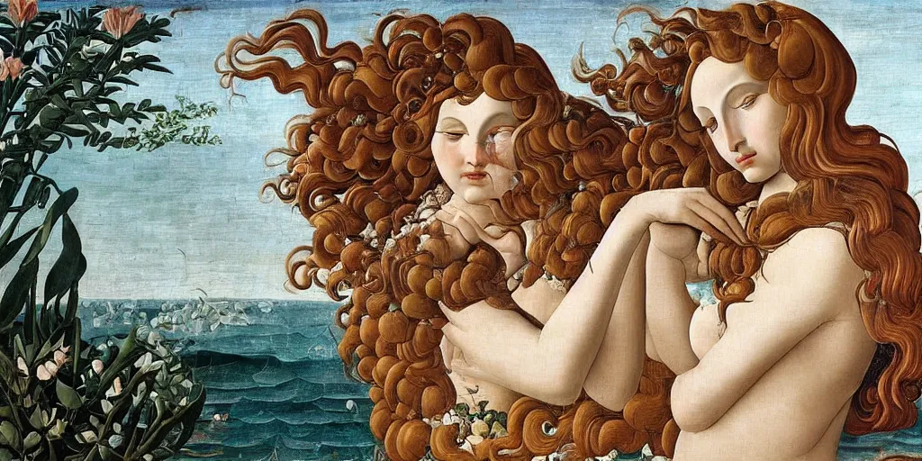 Image similar to an hyperrealistic mythological oil painting of venus with long curly brown hair, full body, wearing floral chiton, sleeping in a giant scallop shell near the seashore, intricate, elegant, renaissance style, by sandro botticelli