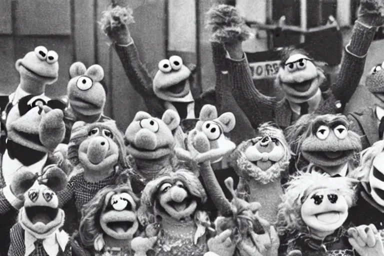 Image similar to a vintage photo of the Muppets storming Normandy