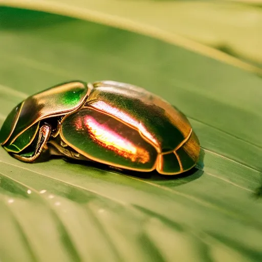 Image similar to an iridiscent scarab on top of a monstera leaf, close-up, 35mm, f1.8, realistic