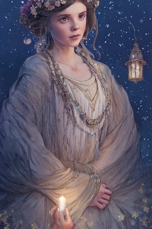 Prompt: a beautiful painting of a crowned princess in a flowing gown resembling millie bobby brown watching the lantern festival in ancient london, at night with a sky full of stars, intricate, elegant, highly detailed, digital painting, artstation, concept art, by krenz cushart and artem demura and alphonse mucha