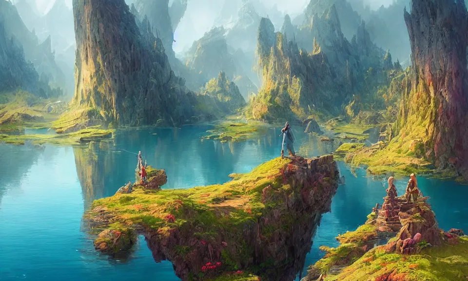 Prompt: mountain lakes, digital art, magic fantasy, matte painting, vibrant colors, highly detailed, trending on artstation, andreas rocha, sylvain sarrailh, darek zabrocki, finnian macmanus, dylan cole, liang mark, albert bierstadt, sung choi, peter mohrbacher, greg rutkowski