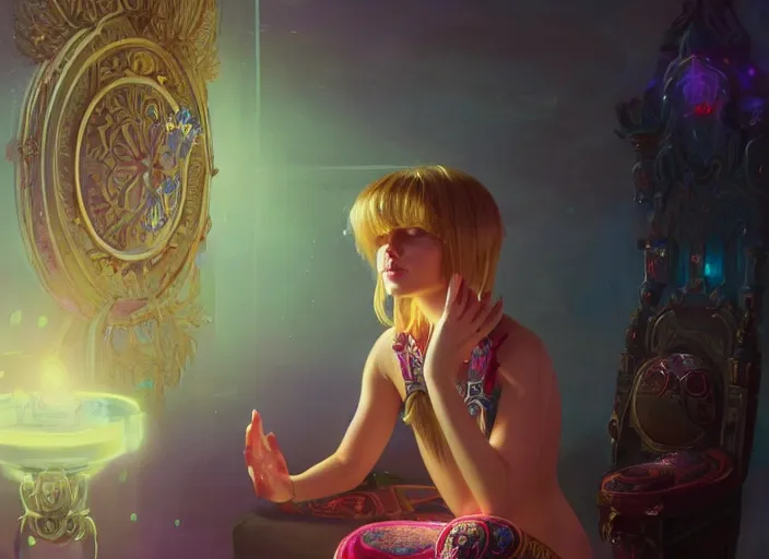 Image similar to wide view picture of a extremely beautiful and aesthetic girl, sitting on the throne, centred position, bright hair, floating greed cubes on the background, lighting eyes, magic circle on the hand, magic and fantasy, highly detailed cute face, specular reflection, occlusion shadow, intricate, masterpiece, by ilya kuvshinov and jeremy lipking and quentin mabille