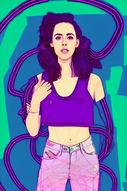 Image similar to a award winning half body portrait of a beautiful kristen ritter in a croptop and cargo pants with ombre purple pink teal hairstyle and hands in pockets by ari liloan, surrounded by whirling illuminated lines, outrun, vaporware, shaded flat illustration, digital art, trending on artstation, highly detailed, fine detail, intricate