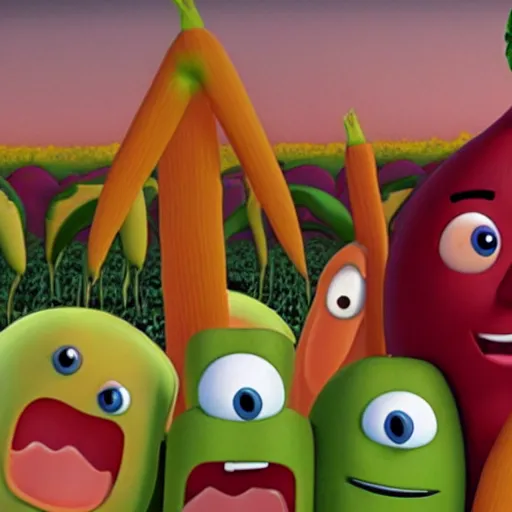 Prompt: VeggieTales episode where they battle the antichrist