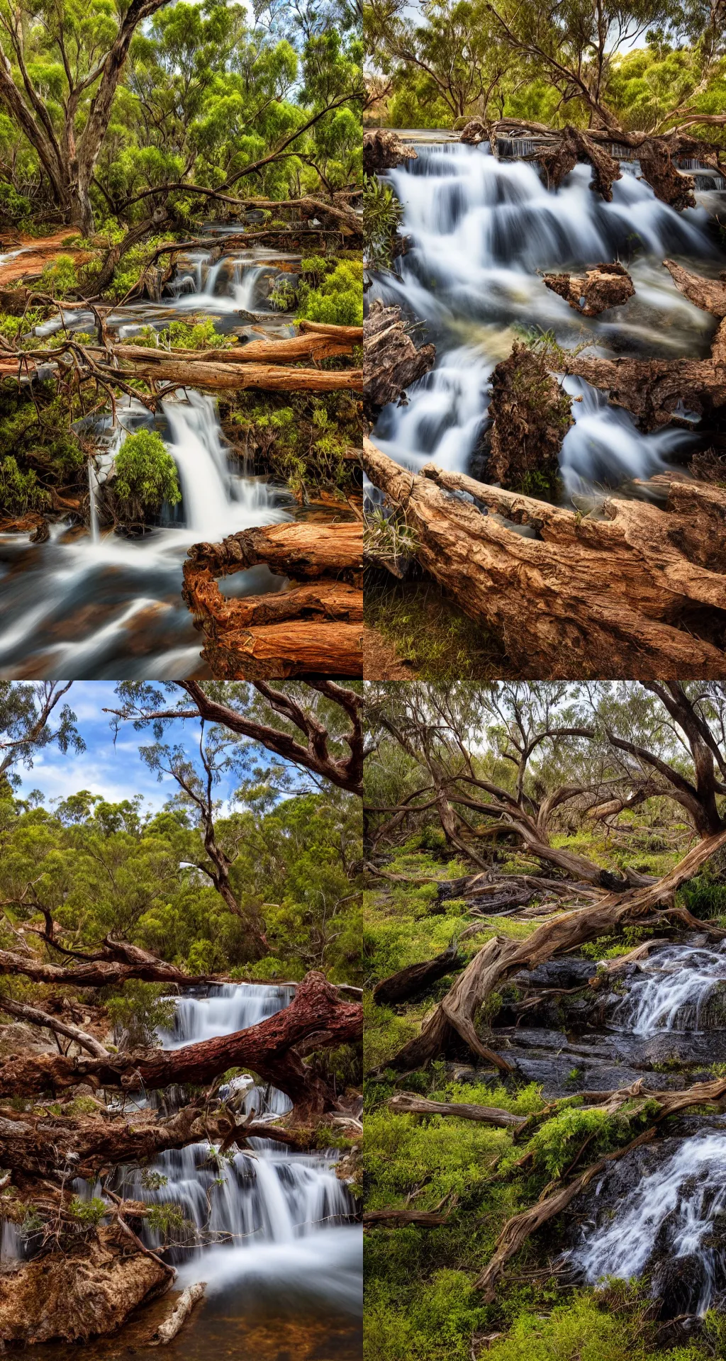 Prompt: Beautiful landscape photograph of small waterfall, australian outback, trees in background, fallen tree in foreground, 4k, wallpaper