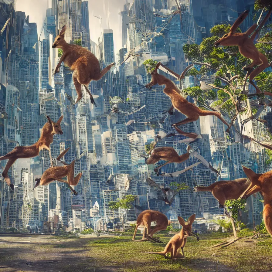 Image similar to sydney invaded by kangaroos in the future, hyperealistic very colourful hdr cinematic lighting cgi render photorealistic cinematic octane render