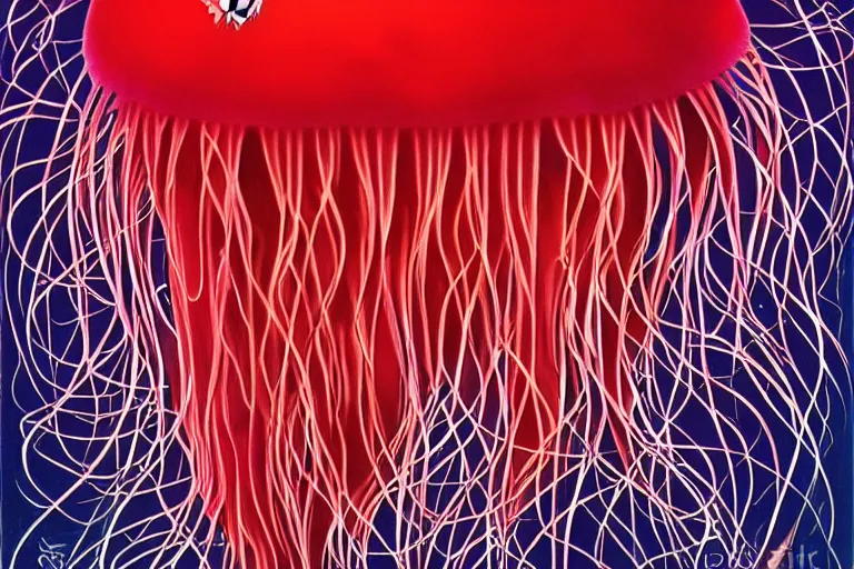 Prompt: digital art of a red jellyfish in the deep sea alone by alex grey, dark background, arcylic,