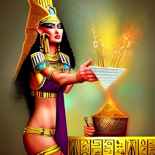 Image similar to fantasy egyptian goddess doing a magic trick, colorful, hyper realistic