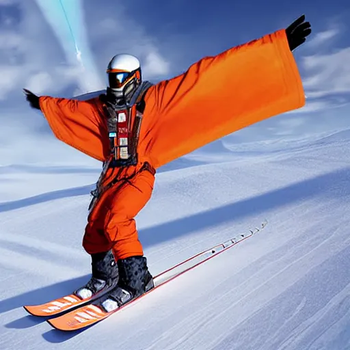 Image similar to skier wearing poe x - wing pilot helmet and a camel poncho, highly detailed, high definition, ultra realistic