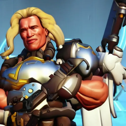 Image similar to a screenshot of arnold schwarzenegger as mercy in overwatch