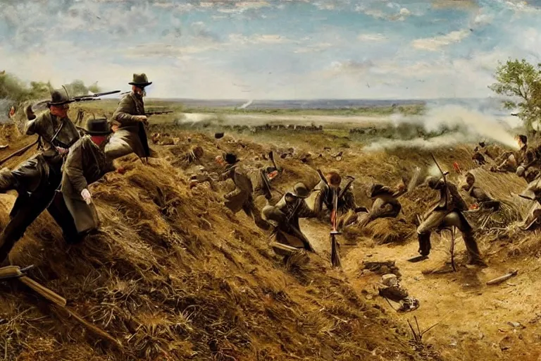 Prompt: american civil war trench battle, shots fired, explosions all around, wide shot, cinematic, realistic painting in the style of jules breton