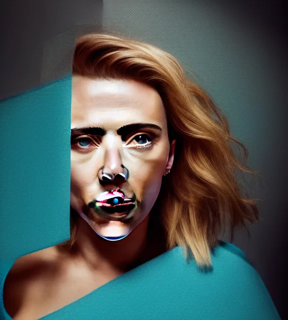 Image similar to portrait photo of Scarlett Johansson:: symmetric face, symmetric eyes, slight smile, photo by Annie Leibovitz, 85mm, teal studio backdrop, Getty images