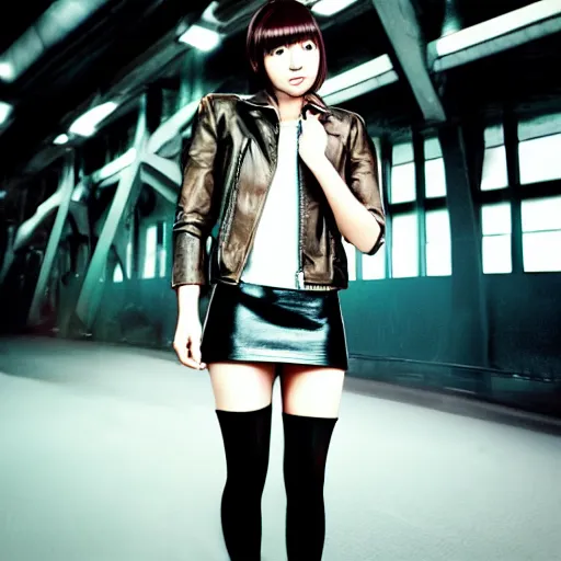 Image similar to a dynamic, epic cinematic 8K HD movie shot of a japanese young J-Pop idol girl wearing leather jacket, miniskirt, nylon tights and high heels boots. Motion, VFX, Inspirational arthouse