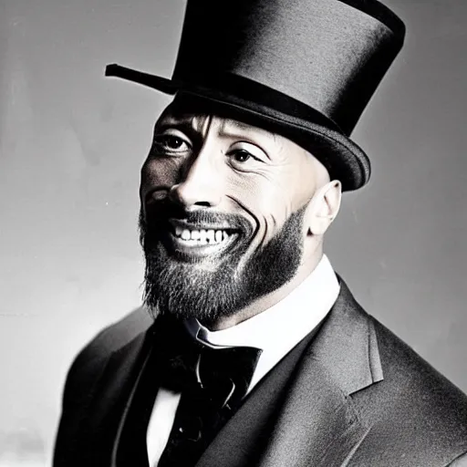 Prompt: Dwayne The Rock Johnson with a beard in the 1800s wearing a suit and a top hat with his arms around his waist