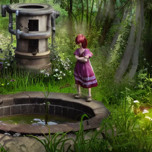 Image similar to E-girl talks to a magical well, in the backyard of an overgrown suburb, beautiful detail, unreal engine, concept art