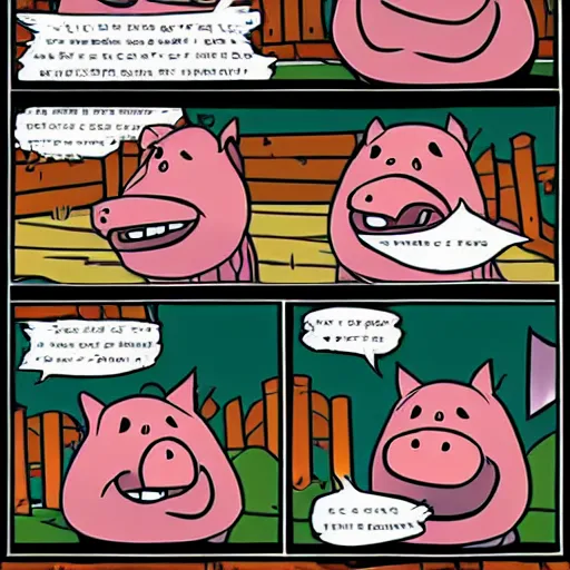 Image similar to a comic of a pig screaming in horror as another pig gets barbequed, funny, by Disney