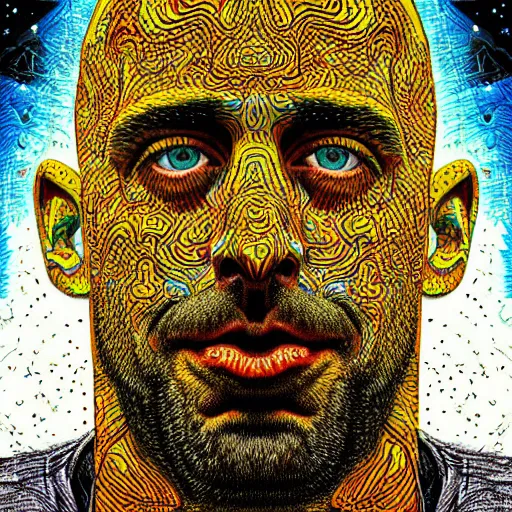 Image similar to aaron rodgers face, hyperrealistic, fractal, dmt colors, by dan hillier