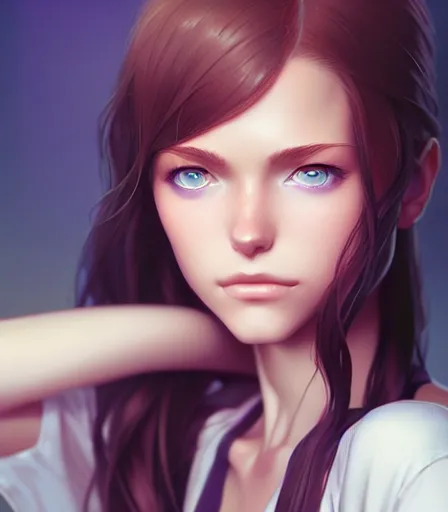 Image similar to portrait of a woman with blue eyes, brown hair and a perfect body, wearing casual, character design by charlie bowater, ross tran, artgerm, and makoto shinkai, detailed, soft lighting, rendered in octane