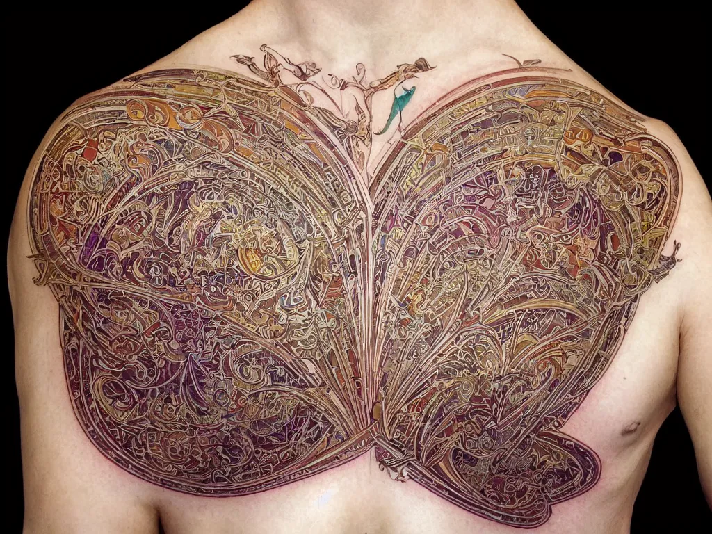 Image similar to a stunning and hypnotic full-color ancient art nouveau styled geometrical design to be used as a pattern for tattoos, by artgerm, greg rutkowski, dan mumford