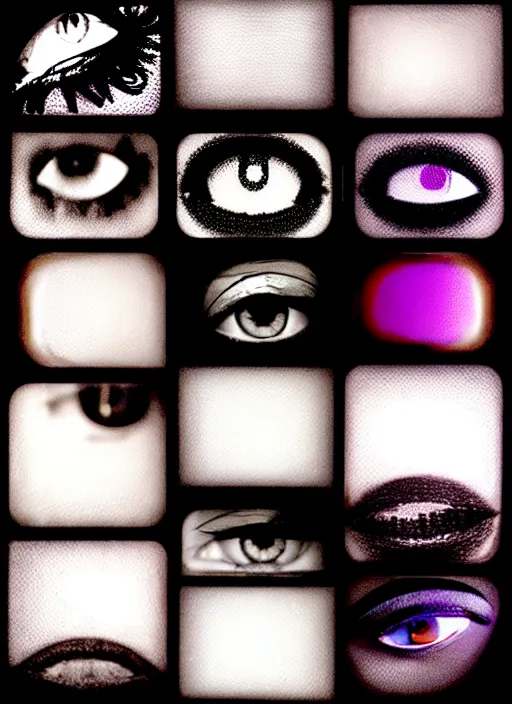 Image similar to grid montage of eyes with cube deformation, square shaped black dilated pupils cubes, cube shaped irises, detailed colored textures, lashes, advanced art, art styles mix, wet reflections in square eyes, sunshine light, hd macro photograph, from side, various cube eyelid positions