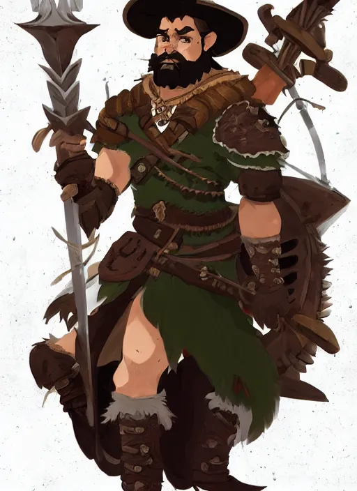 Image similar to strong young man, bugbear ranger, black beard, dungeons and dragons, hunters gear, flaming sword, jeweled ornate leather armour, concept art, character design on white background, by studio ghibli, makoto shinkai, kim jung giu, poster art, game art