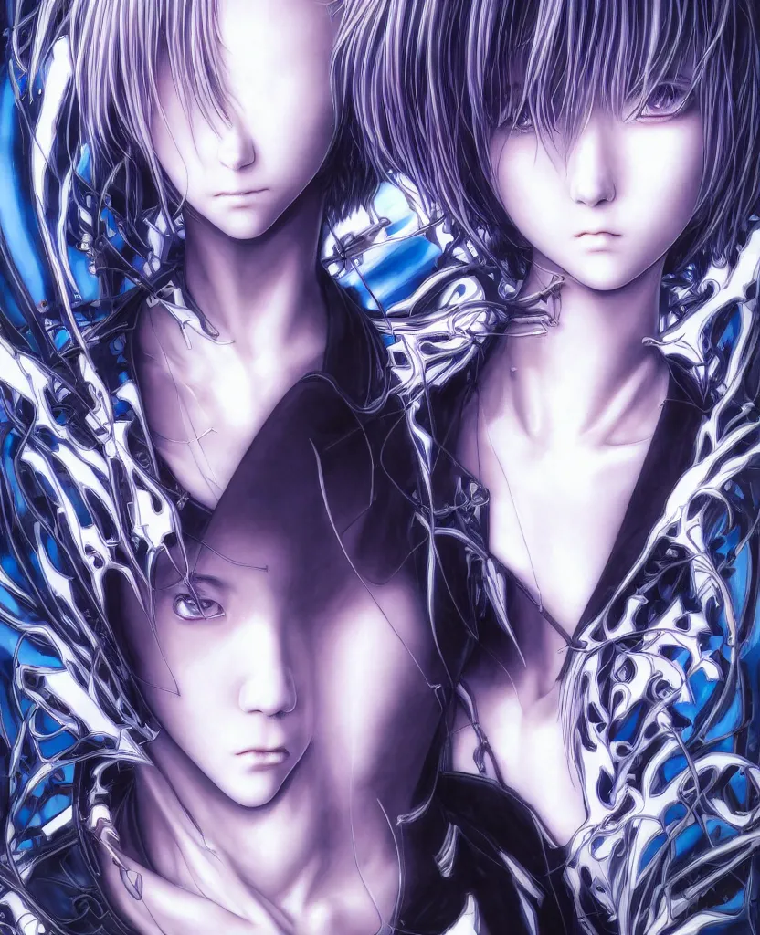 Image similar to symmetrical. realistic detailed image of anime portrait, realistic detailed male character, rei ayanami, black plugsuit, depth perception, vivid colors, masterpiece, depth of field, gothic, digital art. art by yoshitaka amano, by yukito kishiro, by yoshiyuki sadamoto, by artgerm, by hajime sorayama