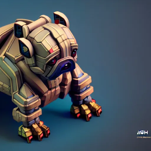 Prompt: isometric 3 d fantasy cute pug mecha, smoth 3 d illustration, cinematic matte painting, soft render, servando lupini, handpaint texture, blender, 3 dcoat