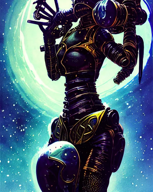 Image similar to a fed up cyber astro goddess like from skyrim and elden ring and grand theft auto and overwatch, character portrait, portrait, close up, concept art, intricate details, extremely detailed, realistic vintage sci - fi poster, in the style of chris foss, rodger dean, moebius, michael whelan, lumi, and gustave dore, bright deep color, wide angle,