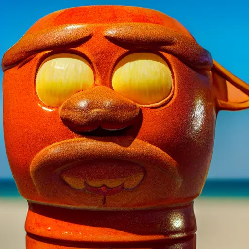 Image similar to a closeup photorealistic photograph of a glossy orange cat garfield style tiki mug sitting at a trader vic's beach bar featuring garfield's face. tiki theme. bright scene. fine detail. this 4 k hd image is trending on artstation, featured on behance, well - rendered, extra crisp, features intricate detail, epic composition and the style of unreal engine.