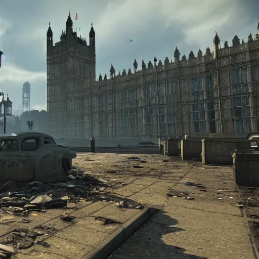 Image similar to Houses of Parliament, London in ruins post-nuclear war in Fallout 4, in game screenshot