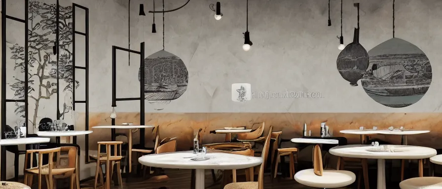 Image similar to a beautiful interior view illustration of a small roasted string hotpot restaurant in yan'an city, restaurant wall paper is a tower on a mountain, rectangle white porcelain table, black chair, animation illustrative style, from china, simple style structure decoration design, victo ngai, james jean, 4 k hd