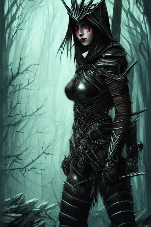 Image similar to dramatic dark forest scenery, girl with sharp fangs in hide leather armor, high fantasy concept art, poster