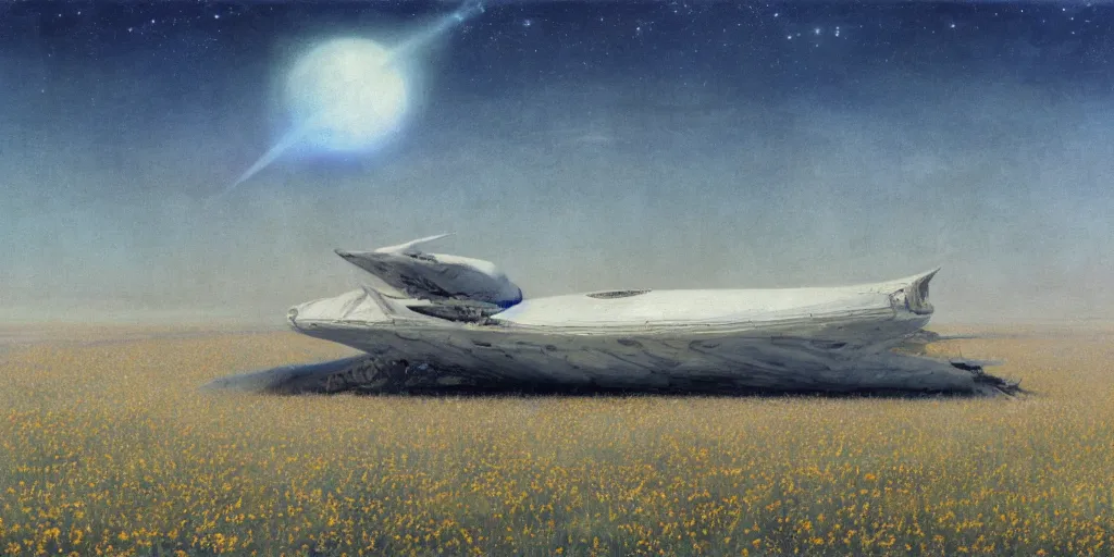 Image similar to Fernand Khnopff super technologies white giant spaceship starship battlestar airship superstructure deck, landed laying in center on tansy wormwood field, mountains afar by Fernand Khnopff by john berkey, oil painting, concept art, interstellar movie, blue disc of planet on horizon