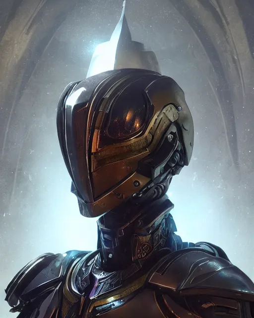 Prompt: a sci fi quarter - length portrait of a character from destiny by bungee studios wearing ornate armor made of sci fi metal plates, cinematic lighting, smooth, high detail, dark fantasy, unreal engine, octane render, art by vitaly bulgarov artstation, concept art by bungie studios, fog volumes, vivid color glow, post processing, cgsociety