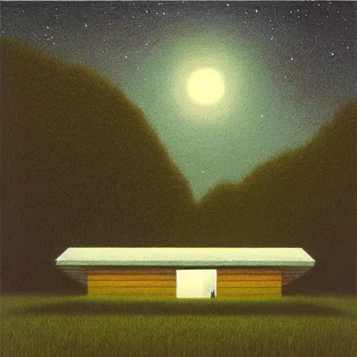 Image similar to painting by by Quint Buchholz, atmospheric cozy futuristic organic white concrete house in the middle of a lush and dense forest at night, a beautiful lake next to it, night time, night sky, starry night sky, by Quint Buchholz