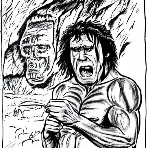 Prompt: a caveman drawing a picture of arnold schwarzengger in a cave, encarving, realistic photograph, very detailed.