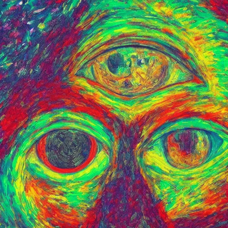 Prompt: human smiling meditating supreme peace immense knowledge infinite color dmt art cyan green black pair of eyes iris staring at viewer intense cosmic stare