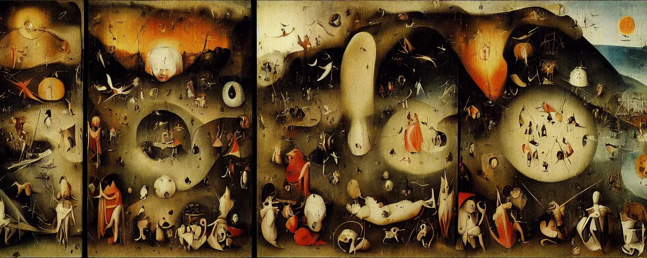 Image similar to World Peace Triptych by Hieronymus Bosch, surreal oil painting, highly detailed, dream like, masterpiece