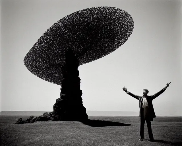 Image similar to by bruce davidson, by andrew boog faithfull redscale photography evocative. a beautiful kinetic sculpture of a gold and obsidian brutalist exploded humanoid diagram tree of evolutuon - like creature, standing in front of a castle atop a cliff.