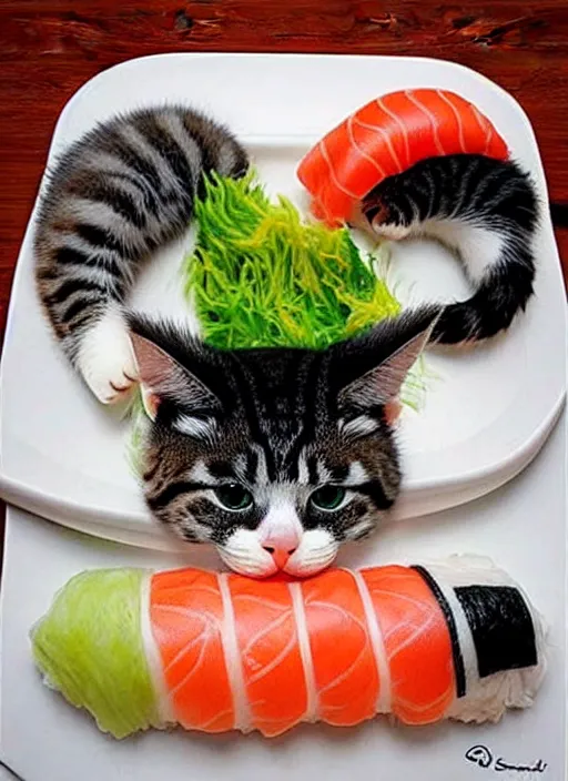 Image similar to clear photorealistic picture of adorable cats made out of sushi