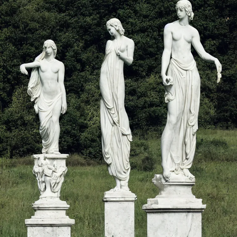 Image similar to marble statues in a field, film photo, soft lighting album cover, nostalgia, gradient