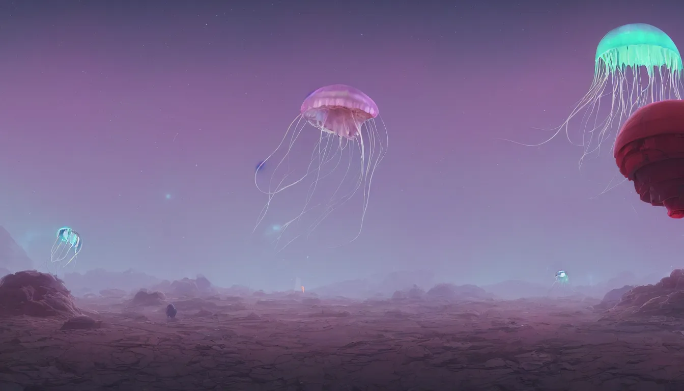 Image similar to A Jellyfish on a martian landscape, rendered by Beeple, Makoto Shinkai, syd meade, simon stålenhag, environment concept, digital art, unreal engine, 3 point perspective, WLOP, trending on artstation, low level, 4K UHD image, octane render,