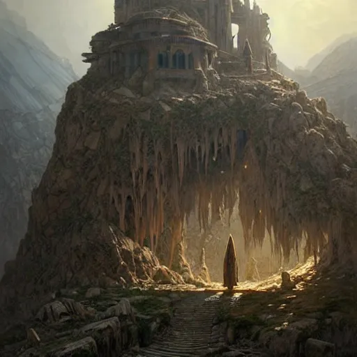 Image similar to concept art of a ruined post - apocalyptic sci - fi monastery at the top of a mountain, ultra realistic, concept art, intricate details, eerie, highly detailed, photorealistic, octane render, 8 k, unreal engine. art by artgerm and greg rutkowski and alphonse mucha