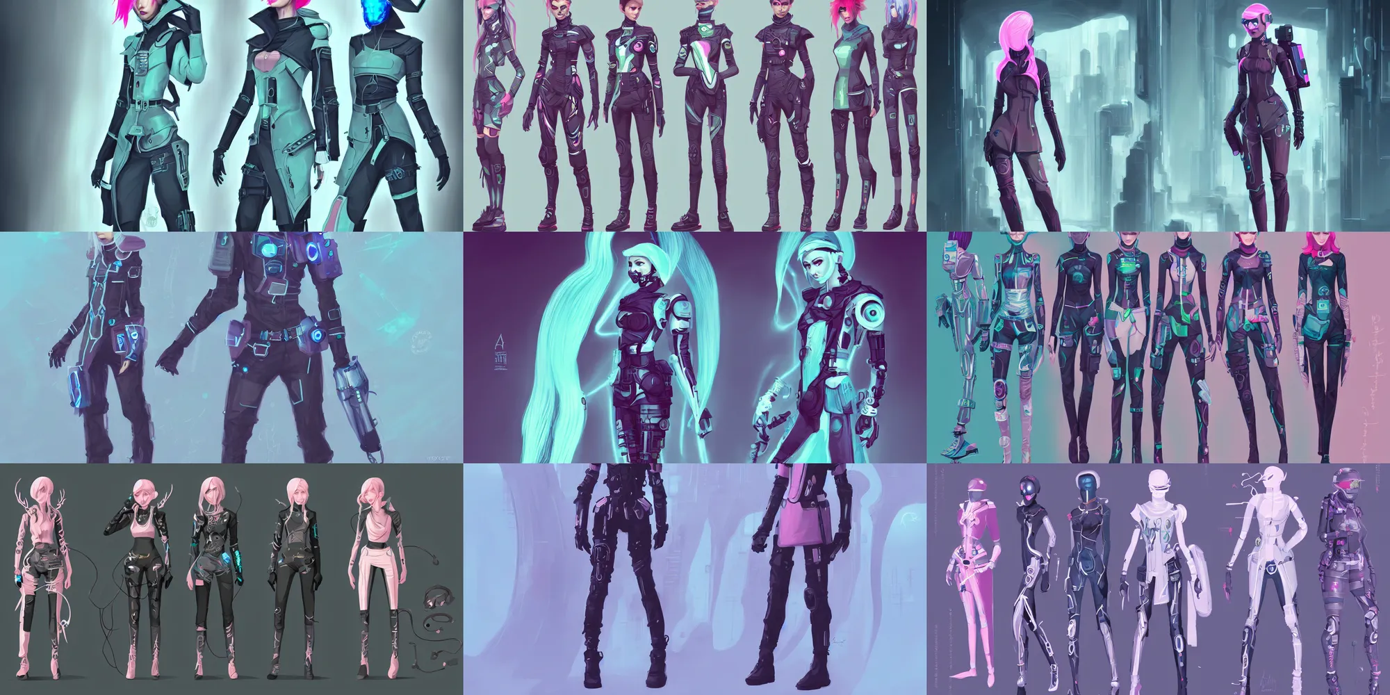 Prompt: collection of character design, futuristic, medic, cyberpunk, fantasy, trendy fashion, elegant, collection, pack, pastel color, vibrant, elf, nature, sleek