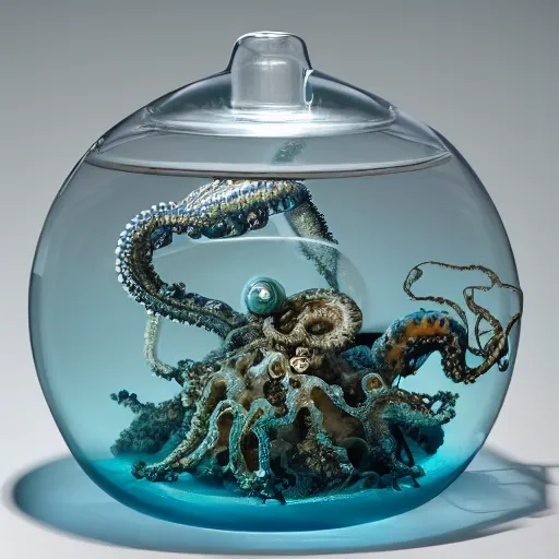 Image similar to a clear teapot with an ocean inside with octopus, sea monsters, fish, coral, and seaweed, highly detailed, 8 k, trending on artstation, award - winning art,