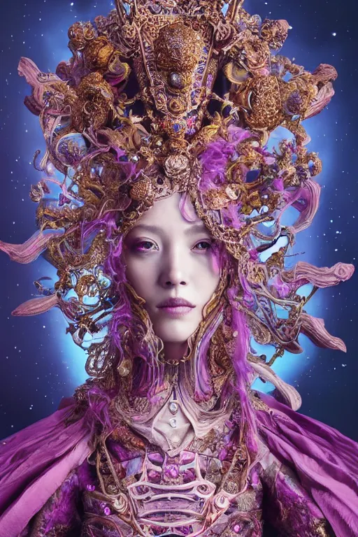 Image similar to a beautiful empress portrait, with a brilliant, impossible striking big cosmic galaxy headpiece, clothes entirely made out of cosmos chaos energy, symmetrical, dramatic studio lighting, rococo, baroque, jewels, asian, hyperrealism, closeup, D&D, fantasy, intricate, elegant, highly detailed, digital painting, artstation, octane render, 8k, concept art, matte, sharp focus, illustration, art by Artgerm and Greg Rutkowski and Alphonse Mucha