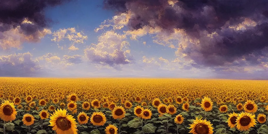 Image similar to Hyper realistic oil painting of an endless sunflower field, high contrast, deep and bright colors, blue skies, cinematic, by greg rutkowski