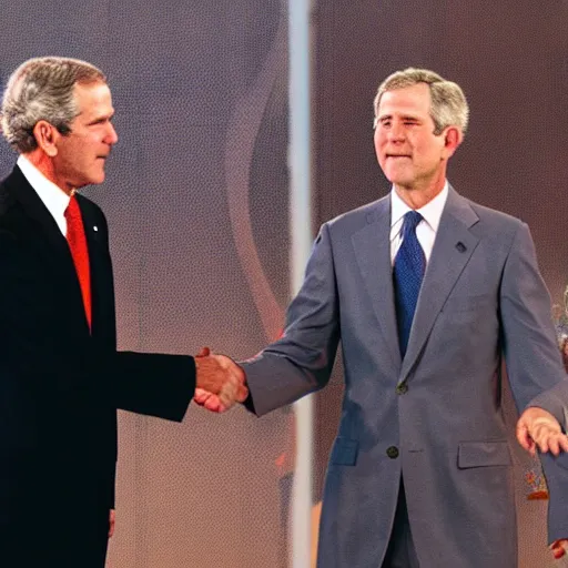 Image similar to george w bush shaking hands with osama bin laden, 8k cinematic lighting, very sharp detail, anatomically correct