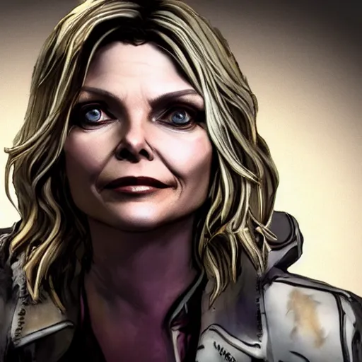 Image similar to michelle pfeiffer portrait, borderlands, tales from the borderlands, the wolf among us, comic, cinematic lighting, studio quality, 8 k