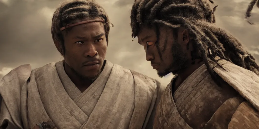 Image similar to a film still of a black man starring in a japanese blockbuster film as san ancient samurai, shallow depth of field, cinematic, award winning cgi, vfx, film still